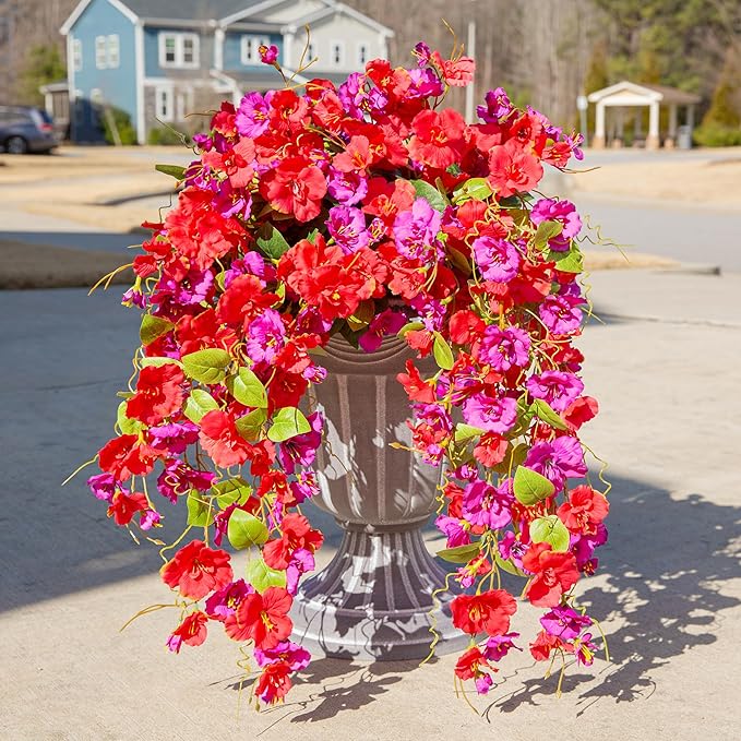 Fake Hibiscus Artificial Hanging Flowers Plants for Outdoors Spring Decoration, 4pcs Silk Hibiscus Vines Realistic UV Resistant Faux Flowers for Outside Planter Porch Patio Yard Wedding Party, Mix