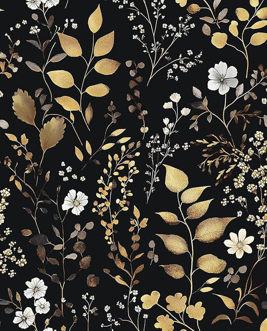 Boho Wallpaper Peel and Stick Dark Floral Wallpaper 17.5in x393in Vintage Leaf Contact Paper Vinyl Waterproof Self Adhesive Golden Leaf Botanical Wall Paper for Cabinet Table Drawer Decor