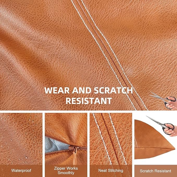 Faux Leather Throw Pillow Covers 20X20 Inch Barcelona Brown Outdoor Modern Farmhouse Solid Decorative Pillow Covers for Room Couch Living Bedroom Bed Sofa