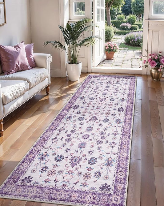 Tangsoo Runner Rug Hallway 2x6 Washable Carpet Runner Boho Vintage Floral Distressed Print Non Slip Soft Low-Pile Indoor Rug for Kitchen, Entryway, Bedroom, Laundry, Hallway Runner (Purple)