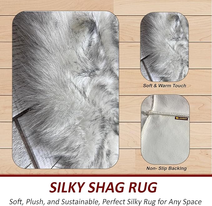 LAMBZY Faux Sheepskin Super Soft Hypoallergenic Silky Shag Rug for Living Room, Kids Room, Sofa (Double Side by Side 3'x4, White/Black Tips)