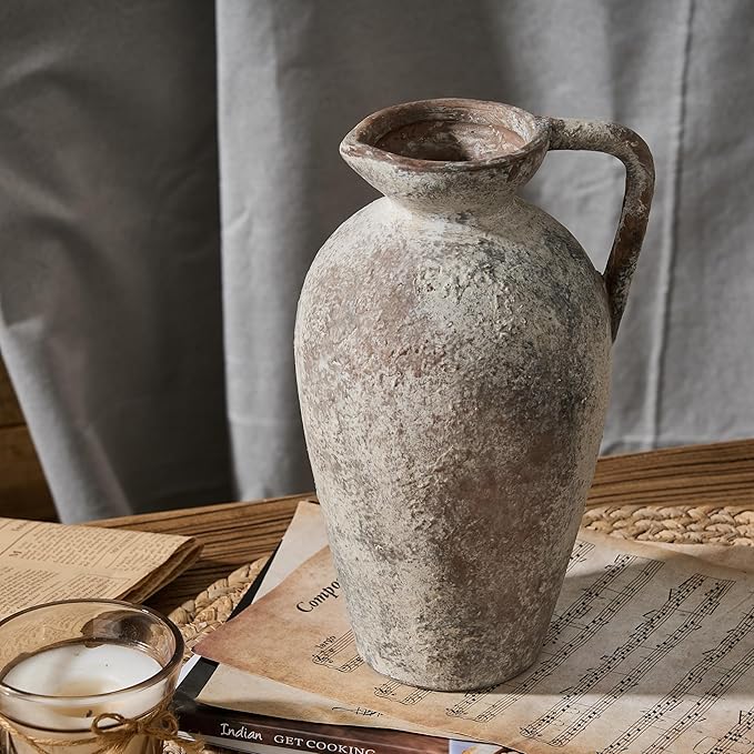 LUKA Ceramic Rustic Farmhouse Vase,9.25 inch Terracotta Vase with Handle,Neutral Tall Clay Vases Decorative Vases for Living Room,Table,Shelf Decor(Brown,L)