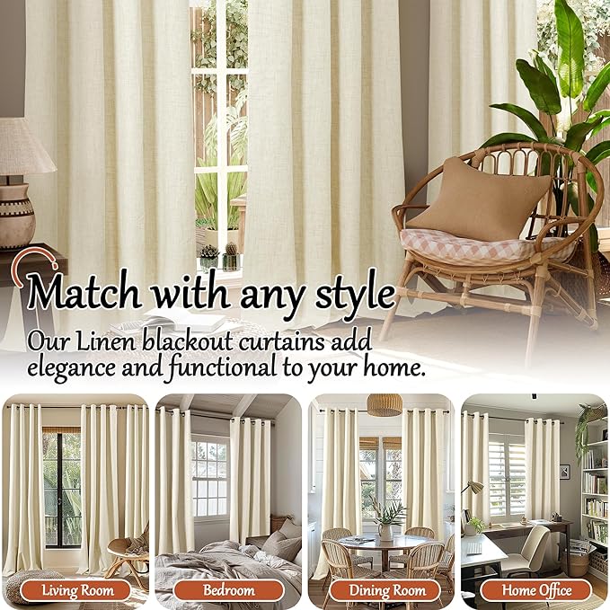 Lajode Cream Blackout Curtains for Living Room 90 Inch Length 2 Panels Set, Thermal Insulated Light Blocking Faux Linen Curtains for Bedroom, Bronze Grommet Boho Window Drape Each 52" Wide