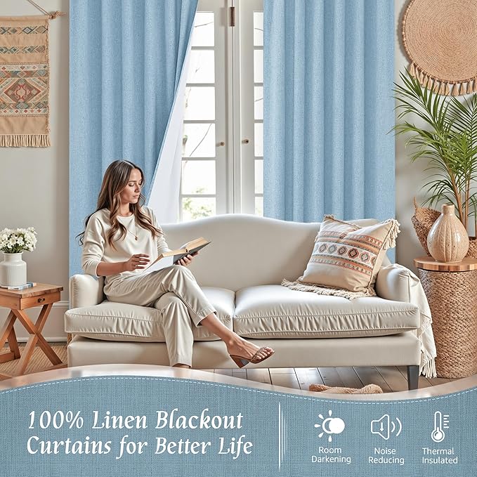 LAMIT 100% Blackout Linen Curtains, 72 Inches Linen Textured Thermal Bedroom Curtains Back Tab and Rod Pocket Neutral Panels with White Liner for Boys' Room, 2 Panels, 52 x 72 Inch, Stone Blue