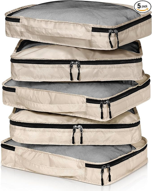 5 Pcs Packing Cubes for Suitcase Large Travel Cubes Carry on Luggage Organizer Bags for Clothes Accessories(L,Khaki)