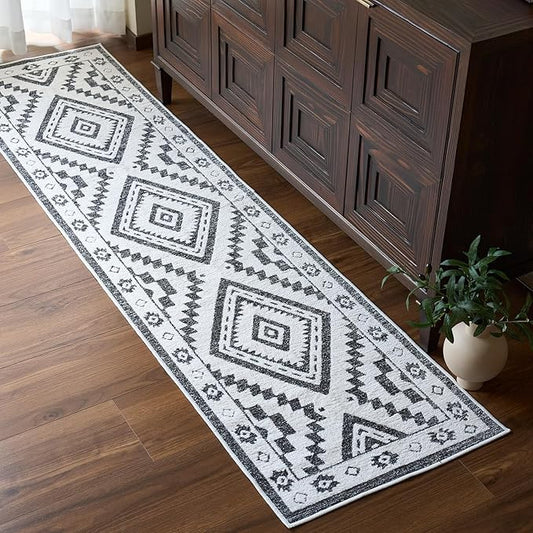 Moroccan Washable Runner Rug 2x8, Geometric Woven Area Rug, Farmhouse Boho Hallway Rug Runner, Non-Slip Soft Lightweight Throw Mat for Bedroom Living Room Laundry Kitchen, Black and White