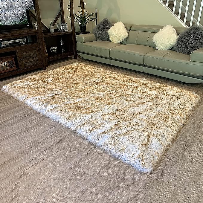 LAMBZY High Pile Super Soft Faux Sheepskin Rug (5'x8', White/Brown Tips)