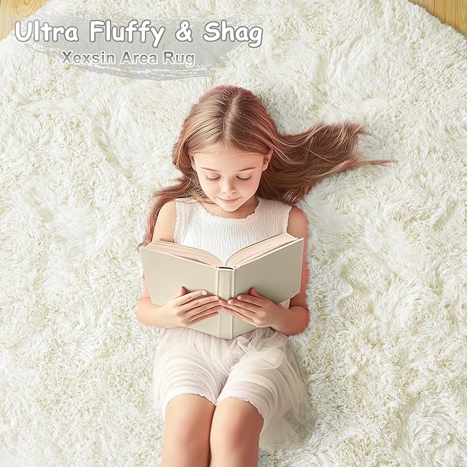 Round Fluffy Rugs 8Ft for Girls Bedroom, Cream White Shag Circle Kids Rug Non-Slip for Bedside Dorm Nursery Playroom, Soft Cute Area Rugs for Living Room Decor