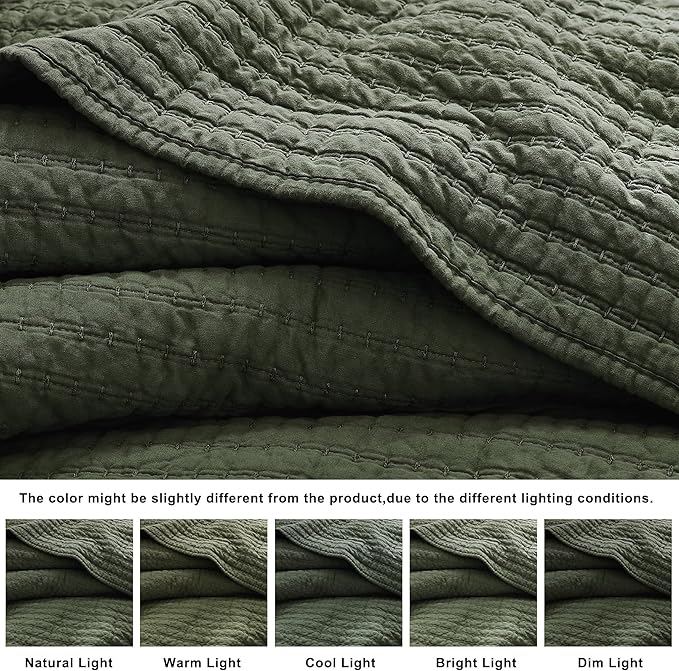 WDCOZY 100% Cotton Twin Size Quilt Set - Olive Green Striped Pick Stitch Soft Lightweight Bedspread, Textured Like Linen, Farmhouse Country Rustic Coverlet, Shabby Chic Gauze Bedding, 2 Pieces