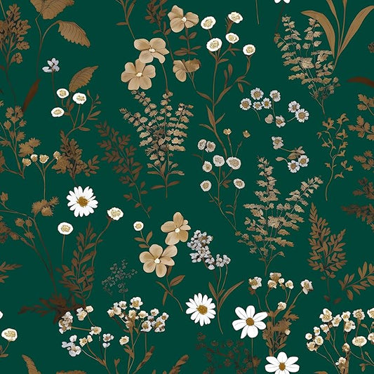 Dark Floral Wallpaper Peel and Stick 17.5in x 118in Vintage Green Gold Leaf Wallpaper Vinyl Waterproof Self-Adhesive Boho Botanical Wall Paper Mural for Cabinet Bookcase Bedroom Decor
