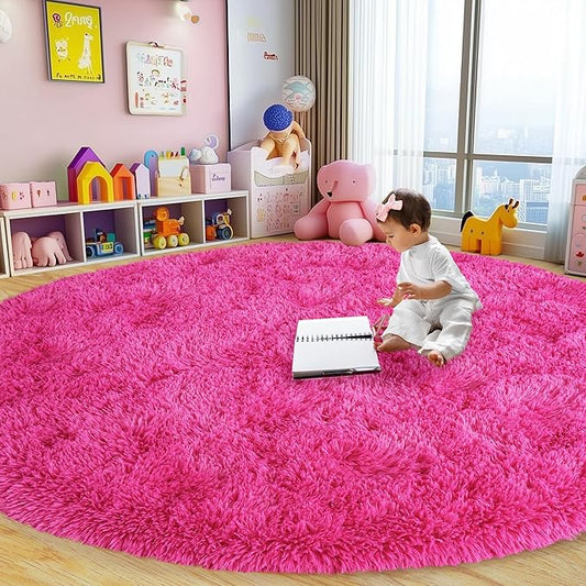 Round Fluffy Rugs 8Ft for Girls Bedroom, Hot Pink Shag Circle Kids Rug Non-Slip for Bedside Dorm Nursery Playroom, Soft Cute Area Rugs for Living Room Decor