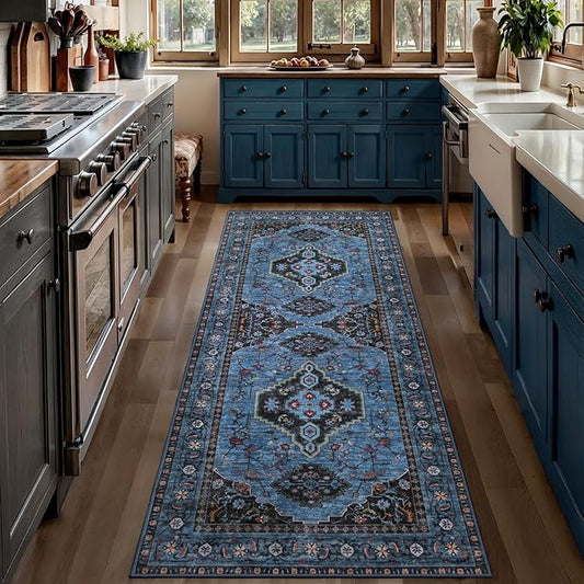 Tangsoo Blue 2x6 Washable Runner Rug for Hallways, Non Slip Oriental Runner Rug, Vintage Soft Low Pile Long Rug Runner, Carpet Runners for Kitchen Bedroom Entryway Bathroom Living Room Blue/Black