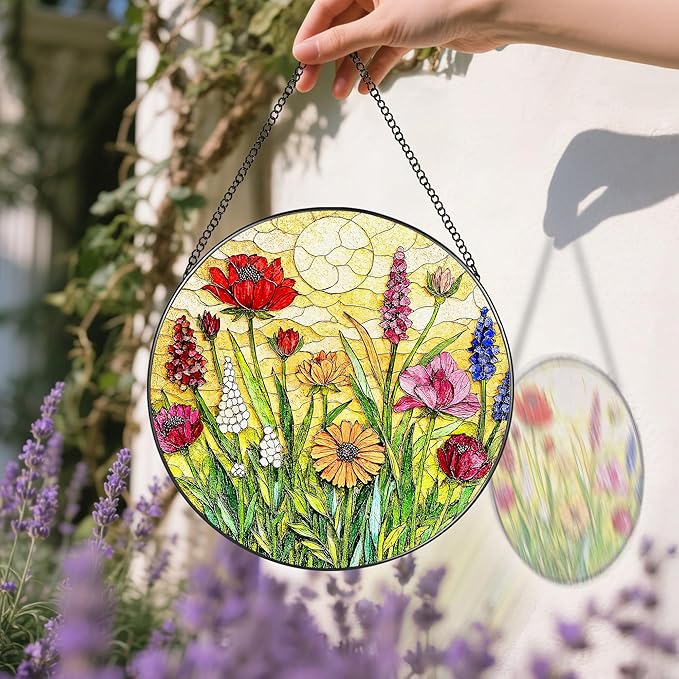 Stained Glass Window Hanging, 8 Inch Wildflower Stained Glass Suncatcher, Colorful Floral Window Hanging, Home Decor for Windows, Flower Lover Gifts, Garden Lover Gift, Gifts for Women, Mom, Grandma
