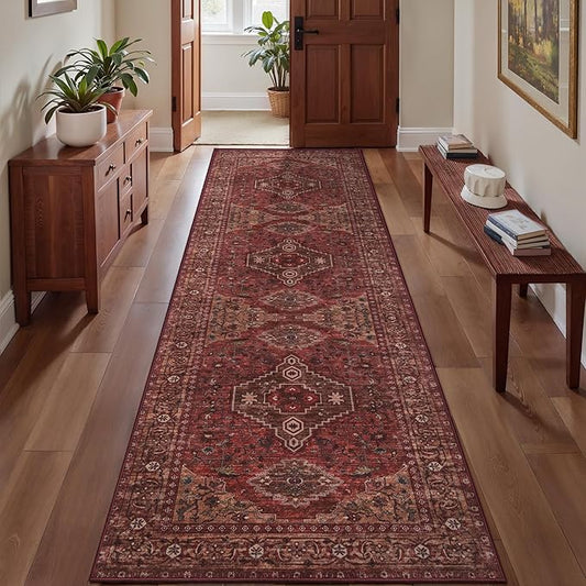 Tangsoo 2.6x8 Washable Runner Rug for Hallways, Non Slip Vintage Runner Rug, Soft Low Pile Long Rug Runner, Print Carpet Runners for Kitchen Bedroom Entryway Bathroom Living Room Dark Red