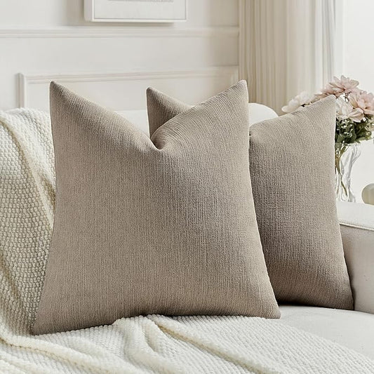 FUTEI Coffee Chenille Decorative Throw Pillow Covers 24x24 Inch Set of 2,Soft Cozy Faux Linen Textured European Pillow Shams,Farmhouse Home Decor for Couch Living Room