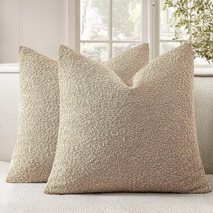Woaboy Pack of 2 20x20 Inch Decorative Boucle Throw Pillow Covers Textured Square Pillowcaes Accent Solid Cozy Soft Cushion Covers Home Decor for Sofa Couch Living Room Home Decor,Khaki