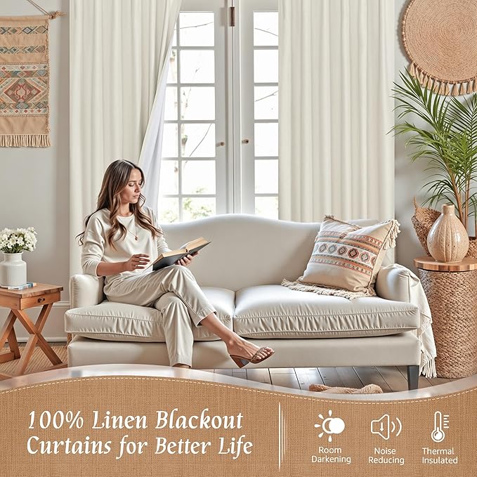 LAMIT 100% Blackout Short Linen Curtains for Cafe, 40 Inch Length Linen Textured Thermal Curtains Back Tab and Rod Pocket Neutral Panels with White Liner for Bedroom, 2 Panels, 34 x 40 Inch, Ivory