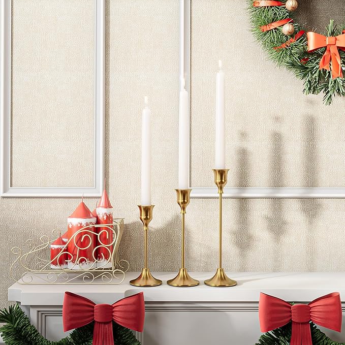 Set of 6 Brass Gold Candle Holders for Taper, Vintage Candlestick Holder Decorative Metal Candle Sticks Home Decor Centerpieces for Table Mantel Festive Decorations
