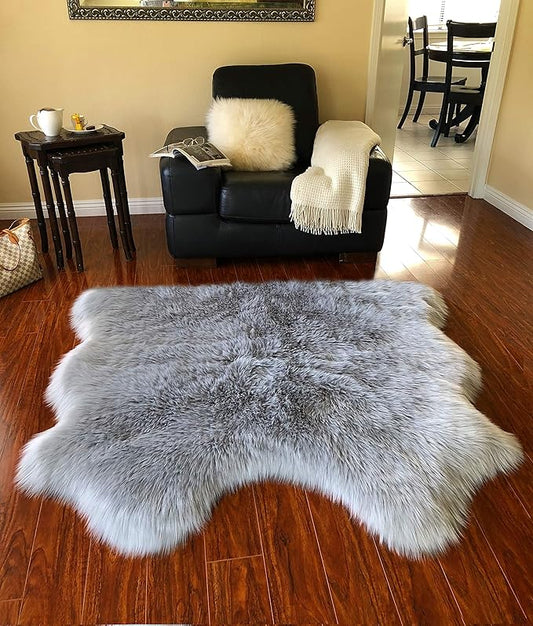 LAMBZY Faux Sheepskin Hypoallergenic Free Shape Silky Shag Rug, Luxury Shaggy Silky Plush Carpet for Bedrooms Rugs Living Kids Room Sofa Floor Rugs (Double Side by Side 3'x4', 90x120cm, Grey)