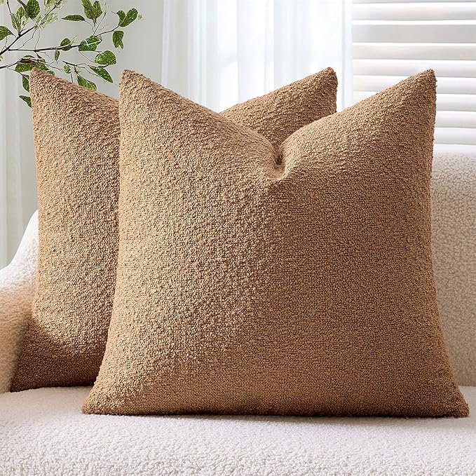 ANRODUO Pack of 2 Textured Boucle Throw Pillow Covers Soft Tobacco Brown Euro Decorative Accent Solid Pillow Cases Cozy Modern Couch Cushion Case for Sofa Bedroom Living Room Home Decor, 24 x 24 Inch