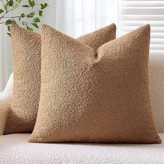 ANRODUO Pack of 2 Textured Boucle Throw Pillow Covers Soft Tobacco Brown Euro Decorative Accent Solid Pillow Cases Cozy Modern Couch Cushion Case for Sofa Bedroom Living Room Home Decor, 24 x 24 Inch