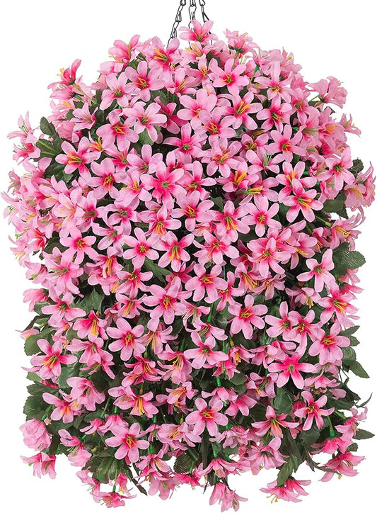 Artificial Flowers Plants for Outdoor with Basket, 4PCS Silk Hanging Faux Flowers Long Trailing Vines for Outside Home Porch Patio Decoration, Pink