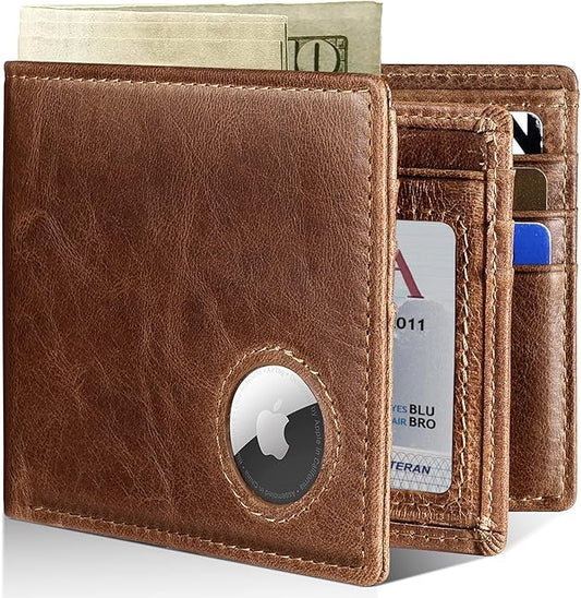 Mens Wallet With AirTag Holder, Bifold Leather RFID Blocking 1-2 ID Windows 12-13 Card Holders, Gift Box and Screen Protector Included, AirTag Not Included