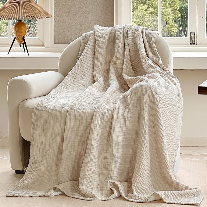 FALUCA Cotton Muslin Reversible Blanket Queen Size for Bed, Couch, Four Layers Blanket, Soft Lightweight Cozy Breathable Farmhouse Decoration for All-Season, Khaki