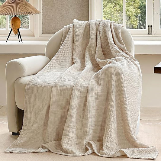 FALUCA Cotton Muslin Reversible Blanket King Size for Bed, Couch, Four Layers Blanket, Soft Lightweight Cozy Breathable Farmhouse Decoration for All-Season, Khaki