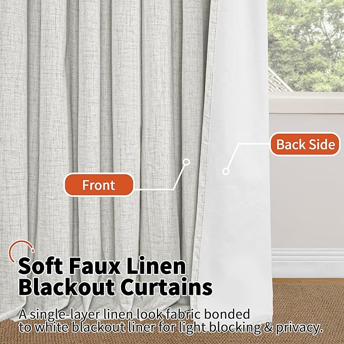 Lajode 100% Blackout Curtains for Living Room 84 Inch Length 2 Panels Set, Thermal Insulated Light Blocking Boho Faux Linen Window Curtains for Bedroom, Bronze Grommet, Each 52" Wide, Light Grey