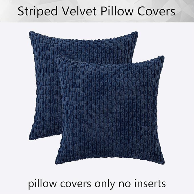 Kevin Textile Set of 2 Decorative Pillow Cover Solid Striped Corduroy Plush Velvet Cushion Cover for Couch 50cm 20 x 20 Inch Navy Blue