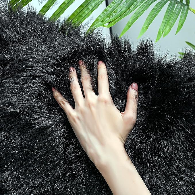 Faux Fur Rug Sheepskin Shag Fluffy Fuzzy Black 3x3 ft Rugs for Bedroom Bedside Bed Floor Living Room Plush Round High-Density Cushion Carpet Super Sofa Cover