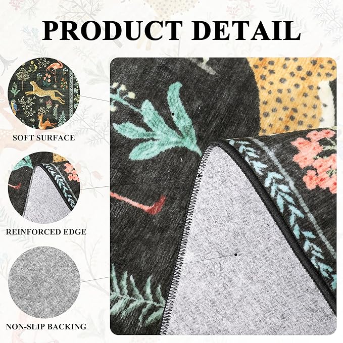 DUKINO Runner Rug, 2x7 Washable Kitchen Rugs for Hallways with Non Slip Backing, Soft Low Pile Vintage Animal Runner for Kitchen, Hallway, Entryway, Laundry, Bedroom, Black