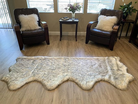 LAMBZY Faux Sheepskin Super Soft Hypoallergenic Silky Shag Rug for Living Room, Kids Room, Sofa (Quarto 4 Pelts Side by Side 3'x8', White/Black Tips)