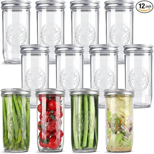 Mason Jars 24 oz Wide Mouth with Measurement Marks–12Pack Glass Canning Jars with Airtight Leakproof Lids & Bands, BPA-Free for Meal Prep, Fermentation, Pickling & Storage (clear 12pack 24oz)