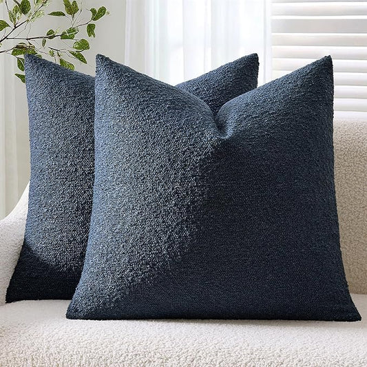 ANRODUO Pack of 2 Textured Boucle Throw Pillow Covers Soft Navy Blue Decorative Accent Solid Pillow Cases Cozy Modern Couch Cushion Case for Chair Sofa Bedroom Living Room Home Decor, 18 x 18 Inch