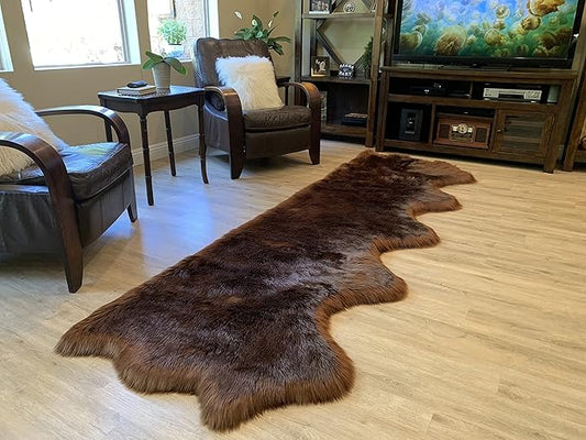 LAMBZY Faux Sheepskin Super Soft Hypoallergenic Silky Shag Rug for Living Room, Kids Room, Sofa (5 Pelts Side by Side 3'x10', Brown)