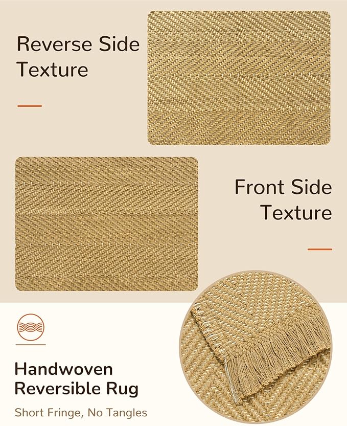 BESTSWEETIE 6x9 Washable Rug Hand-Woven Low Pile Soft Modern Farmhouse Bohemian Decor Reversible Braided Rugs with Tassels Throw Carpet for Living Room Bedroom Entryway Bathroom, Natural Jute