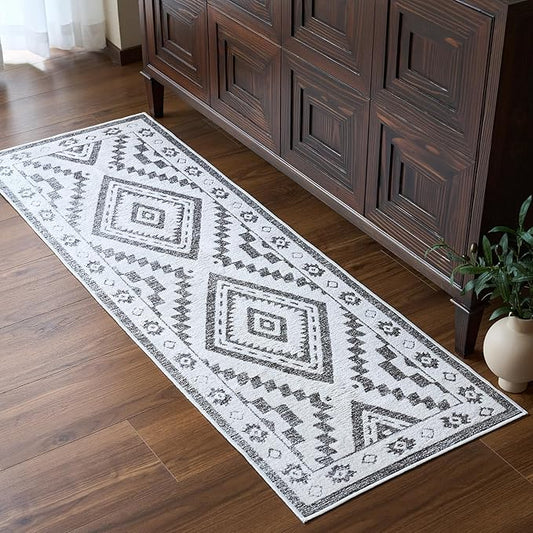 Moroccan Washable Runner Rug 2x6, Geometric Woven Area Rug, Farmhouse Boho Accent Hallway Runner Rug, Non-Slip Soft Low Pile Throw Mat for Living Room Laundry Entryway, Dark Brown/White