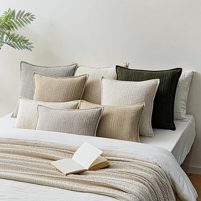 a moment Linen Pillow Covers Set of 2,Boho Farmhouse Throw Pillowcases Neutral Textured Decorative Covers for Couch Sofa,Linen Blend Accent Case Cushion Living Room Home Decor 26"x26"Dark Green