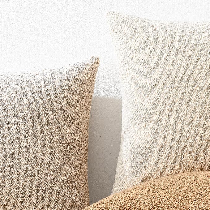 Mixhug Decorative Boucle Throw Pillow Covers, Dark Flax, 18 x 18 Inches, Pack of 2 - Neutral Textured Boho Pillow Covers for Couch and Bed