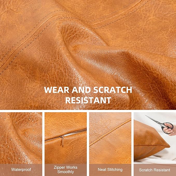 Faux Leather Throw Pillow Covers 26X26 Inch Set of 2 Brown Outdoor Modern Farmhouse Solid Decorative Pillow Covers for Room Couch Living Bedroom Bed Sofa