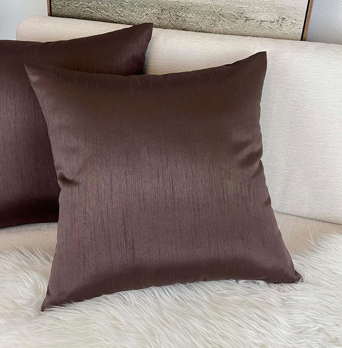 Aiking Home Collection 26x26 Inches Faux Silk Square European Shams, Zipper Closure, Brown (Set of 2)