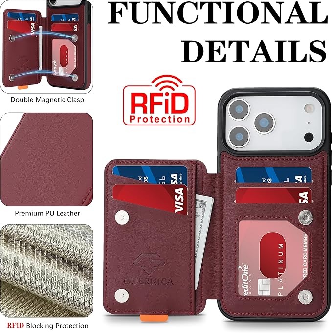 GUERNICA for iPhone 17 Pro (6.3") Case Wallet with Card Holder, RFID Blocking Leather Protection, Shockproof Women Men Phone Case for Apple 17 Pro, Wine Red