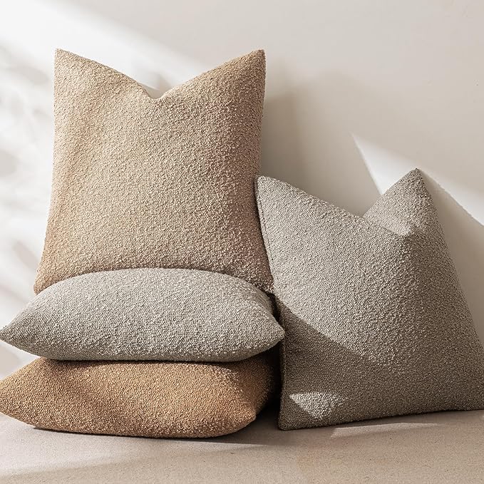 MIULEE 22x22 Inch Decorative Euro Sham Throw Pillows for Bed Set of 2 Textured Boucle Neutral Winter Throw Pillow Covers Light Taupe Accent Solid Euro Couch Pillowcases Sofa Livingroom Home Decor