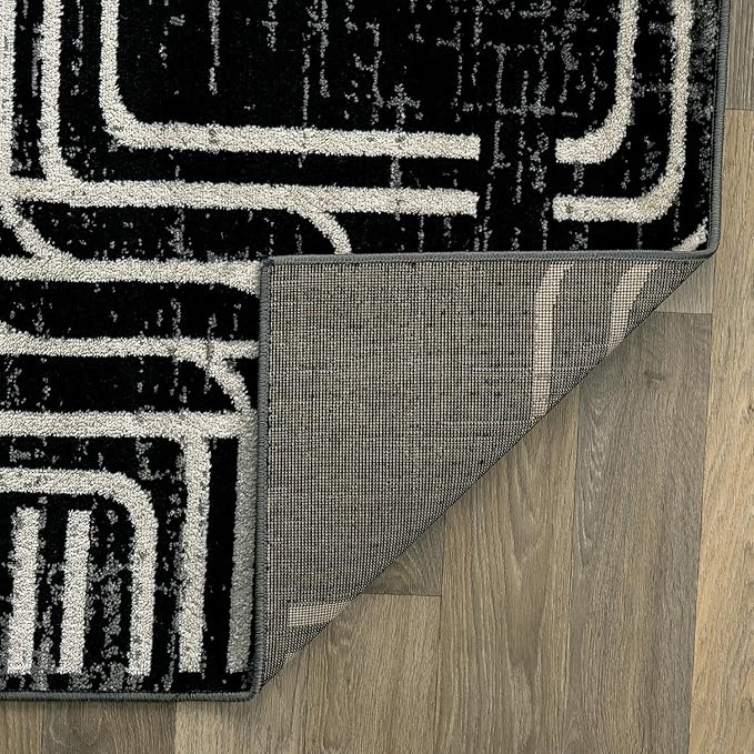 Rugshop Black and White Geometric Area Rug – Abstract Curved Line and Square Pattern Carpet for Living Room, Bedroom, or Office – Contemporary Soft Floor Décor 7' 10" x 10' Black
