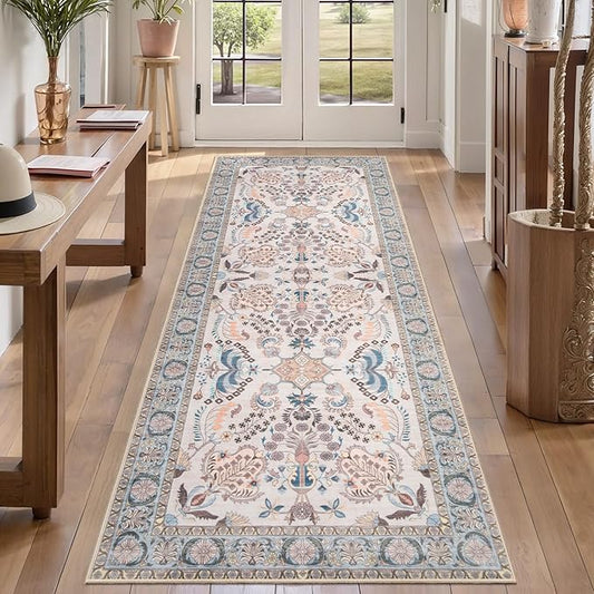 Tangsoo 2x6 Washable Runner Rug for Hallways,Non Slip Vintage Floral Rug Runner, Soft Low Pile Neutral Floor Carpet Runners for Kitchen Bedroom Entryway Living Room Bedside Laundry Home Decor