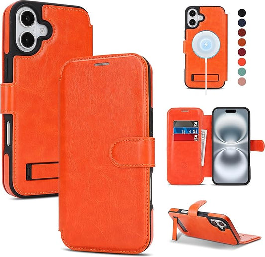 CIVICASE for iPhone 17 Wallet Case with Stand,PU Leather Flip Credit Card Holder Slots (RFID Blocking),Compatible with Magsafe Magnetic Holder Phone Cover Women Men,Orange