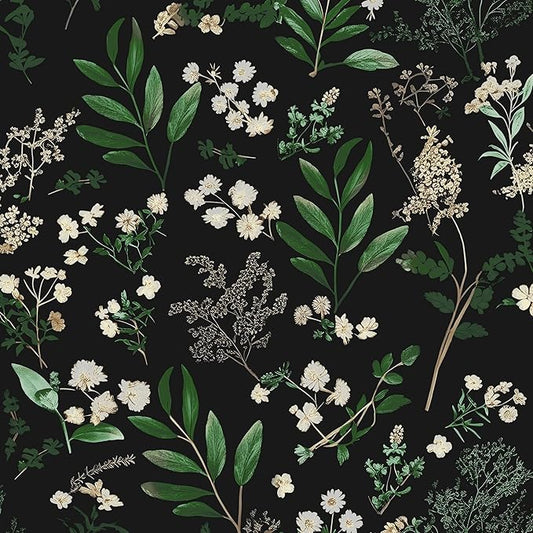 Dark Floral Wallpaper Peel and Stick Green Leaf Wallpaper Vintage Flowers Contact Paper Waterproof Self Adhesive Boho Delicate Wall Paper for Cabinet Kitchen Walls Locker 17.5in x32.8ft