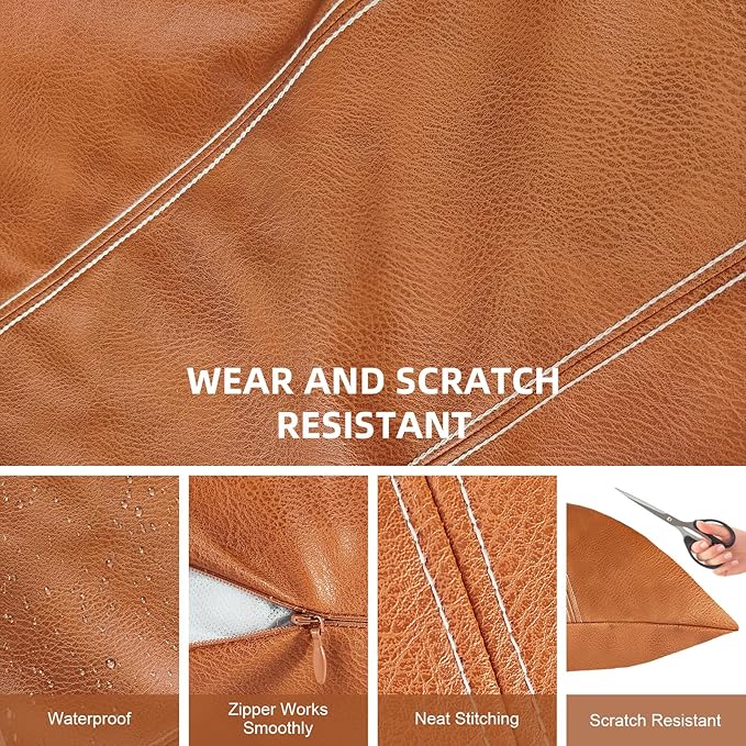 Faux Leather Throw Pillow Covers 18X18 Inch Set of 2 Brown Outdoor Modern Farmhouse Solid Decorative Pillow Covers for Room Couch Living Bedroom Bed Sofa Parallel Stitching